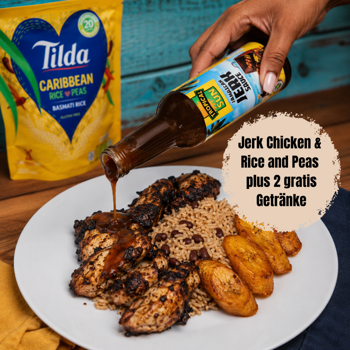 Jerk Chicken & Rice and Peas Bundle + gratis Drinks